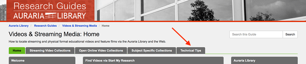 Screenshot of technical tips tab in Research Guides