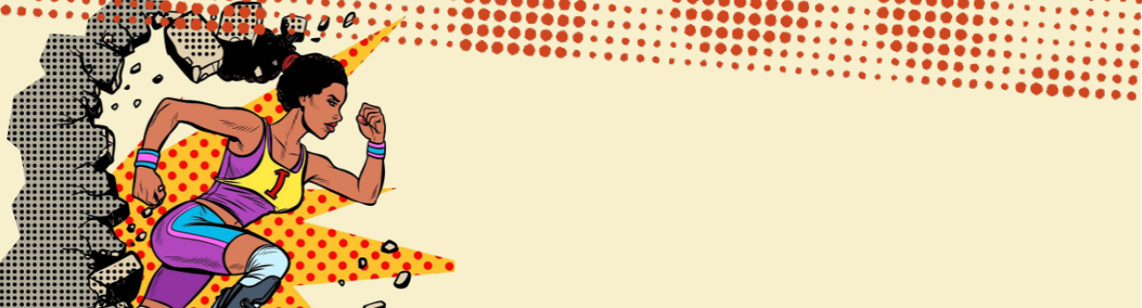 Comic-style image of a determined woman running through a wall, wearing a colorful superhero outfit, with a dynamic explosion of dots and colors.