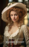 A woman in vintage attire and large hat gazes forward on the "Madame Bovary" book cover. The setting is elegant and historic.