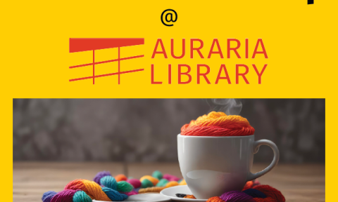 "Bright poster for a Fiber Arts Meet-Up at Auraria Library featuring a steaming cup filled with colorful yarn, surrounded by more vibrant skeins."
