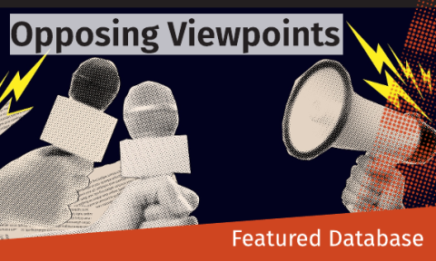 Promotional graphic for the "Opposing Viewpoints" database featuring microphones and a loudspeaker.