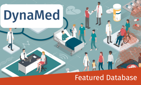 Illustration of diverse medical staff and patients in a healthcare setting with a 'DynaMed' logo. Includes doctors, a patient in bed, a person in a wheelchair, and a family. The bottom features 'Featured Database' text on a red banner.