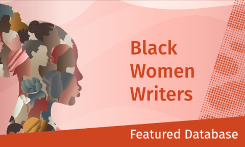Silhouette of a woman's head filled with diverse, overlapping faces against a pink gradient background. Text reads "Black Women Writers: Featured Database."