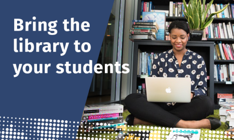 Photo of woman on the floor with books and text: "Bring the library to your students"