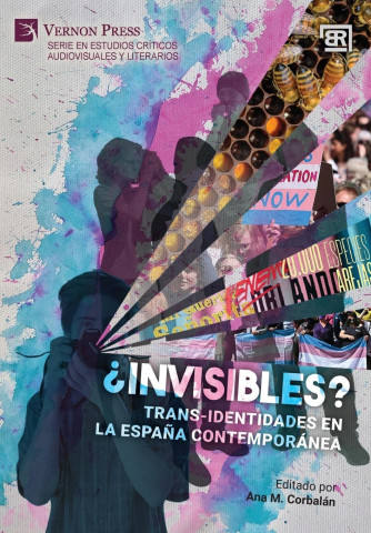 Book cover titled '¿Invisibles? Trans-identidades en la España contemporánea' featuring colorful abstract design and images of people.