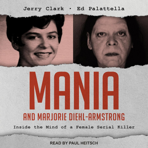 Split image of a woman in two stages of life; left: smiling, right: serious. Title "Mania" in bold red. Tone: ominous, intriguing.