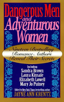 Cover of "Dangerous Men and Adventurous Women" with bold red and pink text over a blue floral background. A gold oval highlights authors' names.