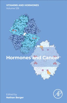 Cover of "Vitamins and Hormones: Hormones and Cancer" featuring molecular structures in blue and purple against a light blue background. Title and editor's name are present.