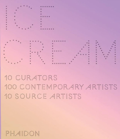 Gradient pink and purple cover reading "ICE CREAM" in dotted letters. Text highlights "10 Curators, 100 Contemporary Artists, 10 Source Artists." Calm, artistic tone.
