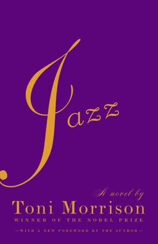 Purple book cover with "Jazz" in large yellow cursive. Below, "A novel by Toni Morrison" and "Winner of the Nobel Prize" in yellow serif font.