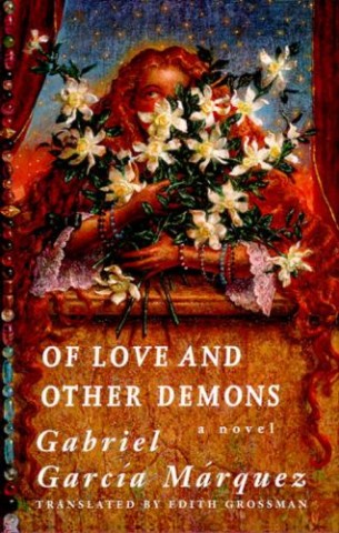 A red-haired figure peeks through white flowers with green leaves against a starry background on the cover of "Of Love and Other Demons" by Gabriel Garcia Marquez.