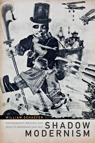 Surreal collage with a masked figure in a top hat holding a doll, surrounded by warplanes, a ship, and industrial imagery, conveying chaos and modernism.