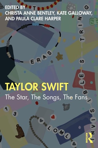 Colorful book cover featuring beaded bracelets with words like "ERAS" and "LOML," and trinkets. Title: "Taylor Swift: The Star, The Songs, The Fans." Playful tone.