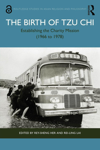 Black-and-white photo of people pushing a bus through water, beneath the book title "The Birth of Tzu Chi." The mood is collaborative and determined.