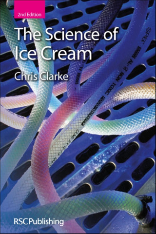 Colorful hoses intertwined over a blue, grated surface with text "The Science of Ice Cream, Chris Clarke." Modern and intriguing design.