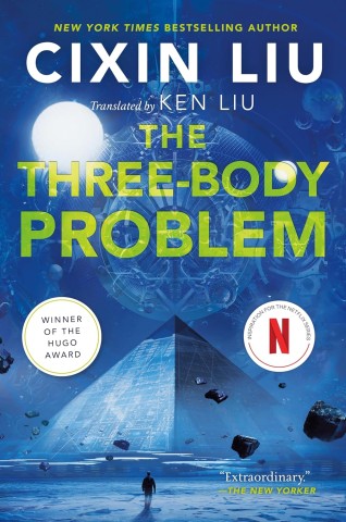 Cover of "The Three-Body Problem" by Cixin Liu. Features a cosmic design with a pyramid, a full moon, and space elements. Includes a Hugo Award badge.