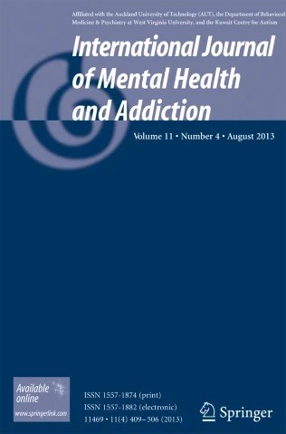 Cover of "International Journal of Mental Health and Addiction," Volume 11, Number 4, August 2013. Features a spiral design in blue tones and Springer logo.
