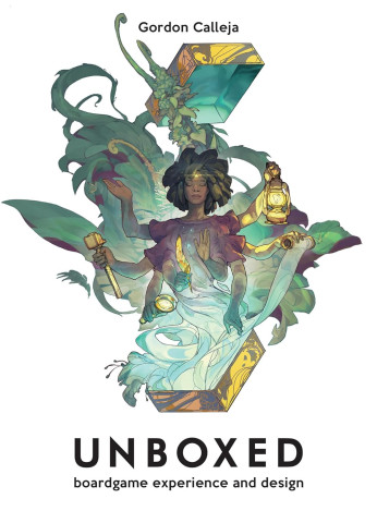 Illustrated figure with afro hair holds a lantern and a gavel, surrounded by swirling colors and abstract shapes. Text reads "Unboxed: boardgame experience and design."