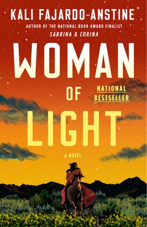 A silhouetted woman stands on a hill under a vibrant red and orange sunset, surrounded by dark blue clouds. Text reads "Woman of Light" and details the author.