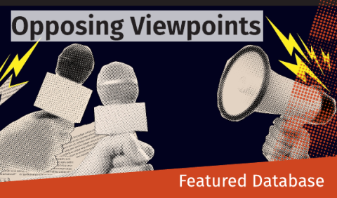 Promotional graphic for the "Opposing Viewpoints" database featuring microphones and a loudspeaker.