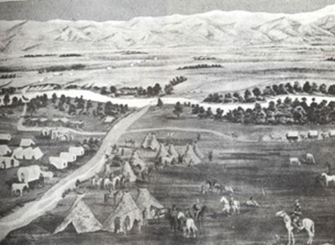 Early sketch drawing of Auraria campsite along Cherry Creek. Image Source: Courtesy of Jerome Smiley, History of Denver, Rebecca Hunt Collection Sketch drawing of early Auraria, camp site for Native Americans.