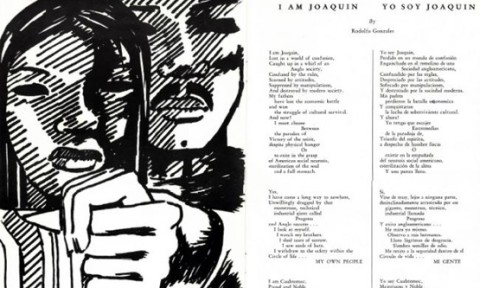 "Yo Soy Poem Joaquin" poem by Rodolfo Gonzales. Image Source: Auraria Library Special Collections Black and white sketch along side of Yo Soy Joaquin poem