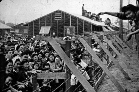 Japanese-American Internees greeting new arrivals. Image Source: Auraria Library Digital Collections Japanese-American citizens corralled together in an internment camp