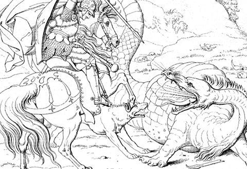 Excerpt page from "A Coloring Book with Dragons" book. Image Source: Auraria Library Digital Collections Outlined image of dragon fighting medieval knight on horseback.