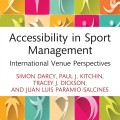 Colorful book cover for "Accessibility in Sport Management" with abstract figures in dynamic poses. Authors listed below the title. Energetic and inviting tone.