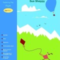 Colorful children's book cover titled "Flight" by Sue Sheppy. Features a playful scene with a person flying a kite on a bright green hill, birds, and a hot air balloon in the sky. Intended for ages 3-5.