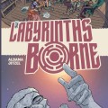 Illustrated book cover for "Labyrinths Borne." Diverse group in a library, engaged in discussion. A giant hand rises from water, pointing upwards. Tone: mysterious, thought-provoking.