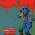 Cover of a comic titled "Skin" features a blue-toned young man with a mohawk, red boots, and a striped shirt. The red graffiti name and a paint can are visible. Tone is gritty.