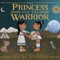 Cover of "The Princess and the Warrior" by Duncan Tonatiuh. Two Aztec figures hold hands amid mountains, a pyramid, a dog, a bird, and a moon, with an award badge.