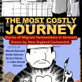 Cover of "The Most Costly Journey" featuring a migrant worker with a heart emblem, holding a wrench and photo. Snow scene in black and white above.
