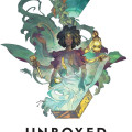 Illustrated figure with afro hair holds a lantern and a gavel, surrounded by swirling colors and abstract shapes. Text reads "Unboxed: boardgame experience and design."