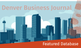 Illustration of a city skyline with tall buildings against blue clouds, featuring "Denver Business Journal" and red banner text "Featured Database."