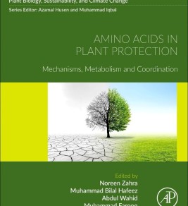 Cover image of "Amino Acids in Plant Protection." A tree stands on the line between a dry, cracked landscape and lush, green grass, symbolizing environmental change.