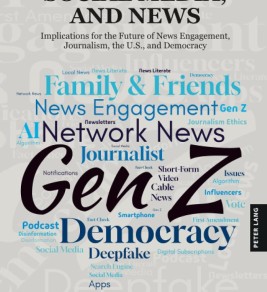Cover of "Gen Z, Social Media, and News" by Paula M. Poindexter features a word cloud with terms like "Gen Z," "News Engagement," and "Democracy" in blue tones.