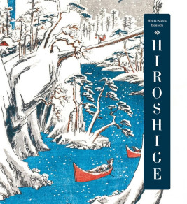 Snowy landscape by Hiroshige, with a blue river winding through snow-covered trees. A man in a red boat paddles, evoking tranquility.