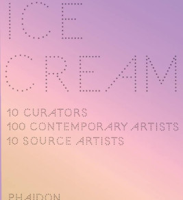 Gradient pink and purple cover reading "ICE CREAM" in dotted letters. Text highlights "10 Curators, 100 Contemporary Artists, 10 Source Artists." Calm, artistic tone.