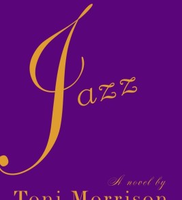 Purple book cover with "Jazz" in large yellow cursive. Below, "A novel by Toni Morrison" and "Winner of the Nobel Prize" in yellow serif font.