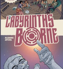 Illustrated book cover for "Labyrinths Borne." Diverse group in a library, engaged in discussion. A giant hand rises from water, pointing upwards. Tone: mysterious, thought-provoking.