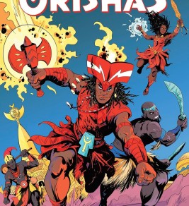 Comic book cover titled "Tales of the Orishas" shows vibrant characters in dynamic action poses, wielding weapons against a dramatic celestial background.