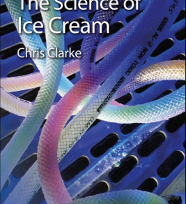 Colorful hoses intertwined over a blue, grated surface with text "The Science of Ice Cream, Chris Clarke." Modern and intriguing design.